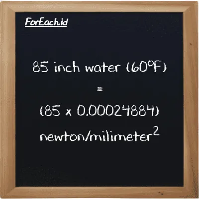 How to convert inch water (60<sup>o</sup>F) to newton/milimeter<sup>2</sup>: 85 inch water (60<sup>o</sup>F) (inH20) is equivalent to 85 times 0.00024884 newton/milimeter<sup>2</sup> (N/mm<sup>2</sup>)